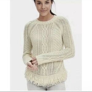 Banana Republic Alpaca & Wool Ivory Cable Knit Sweater Sz M Fringe Detail Cozy